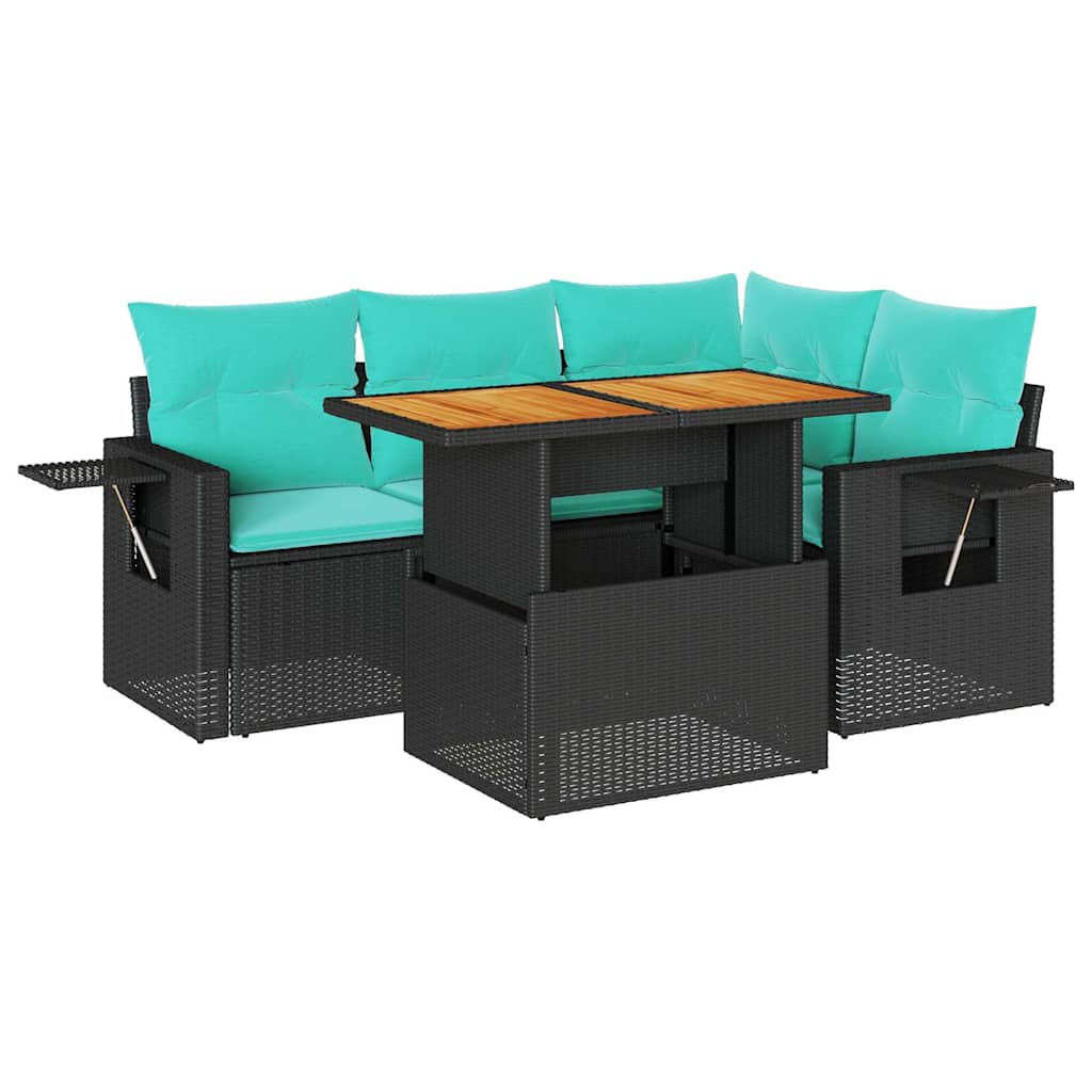 5-delige Loungeset met kussens poly rattan zwart – afbeelding 2