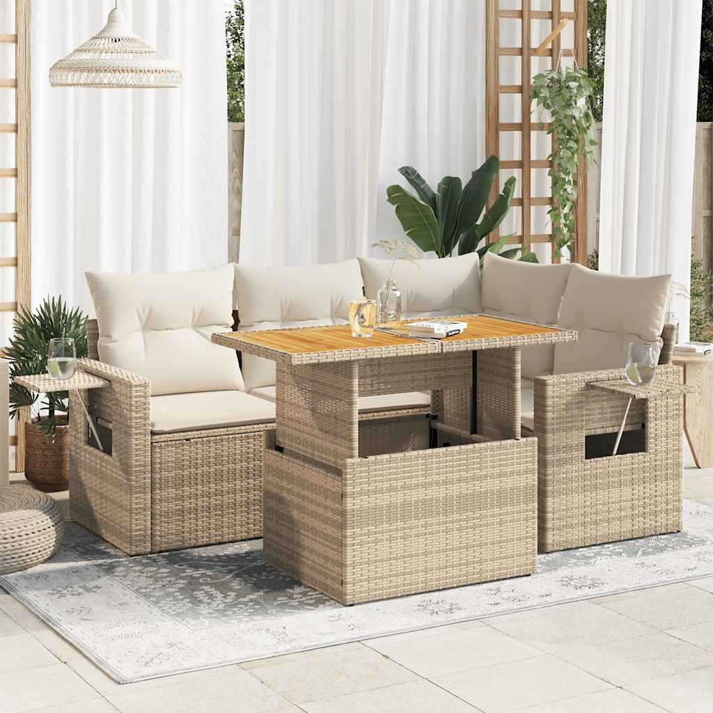 5-delige Loungeset met kussens poly rattan beige – afbeelding 1