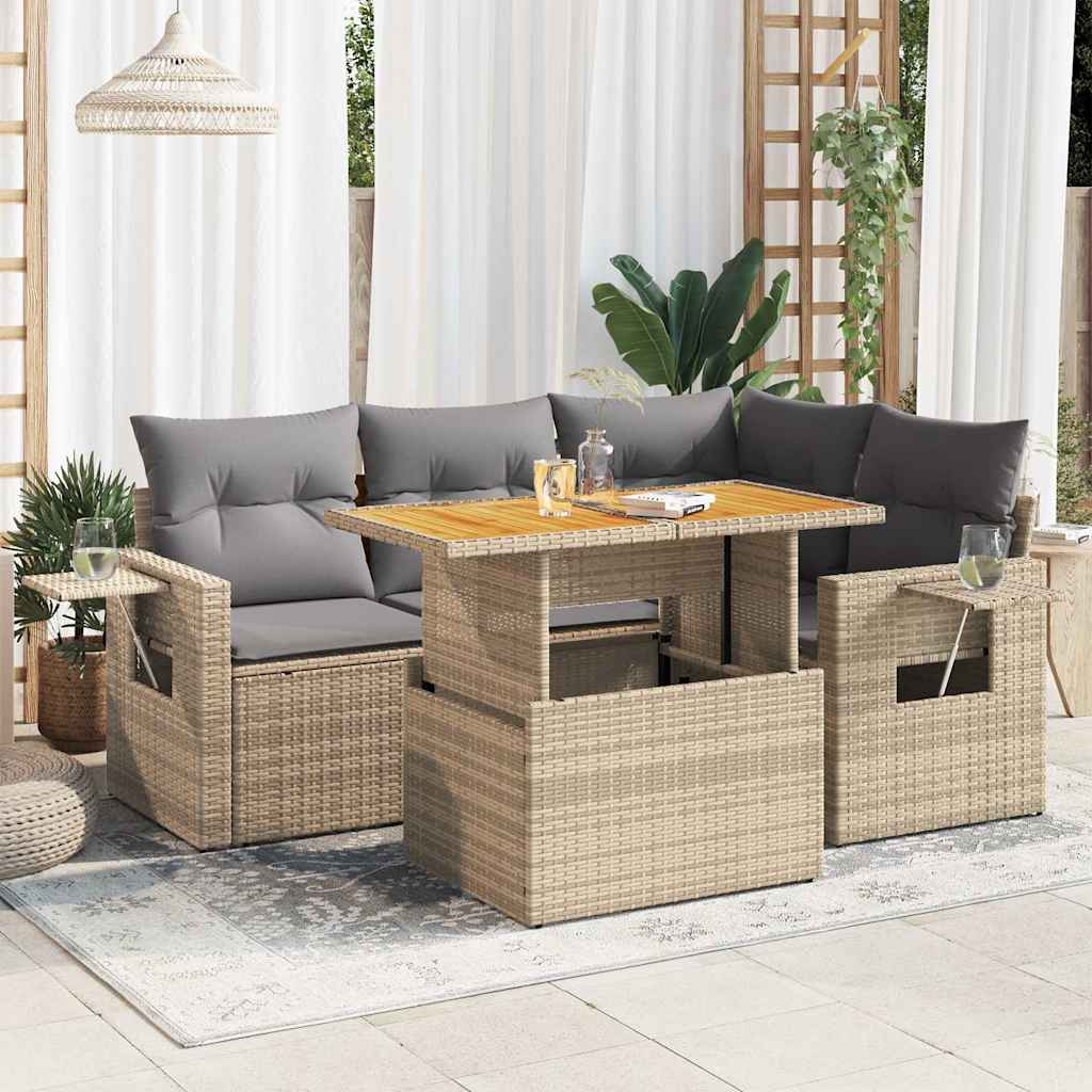 5-delige Loungeset met kussens poly rattan beige