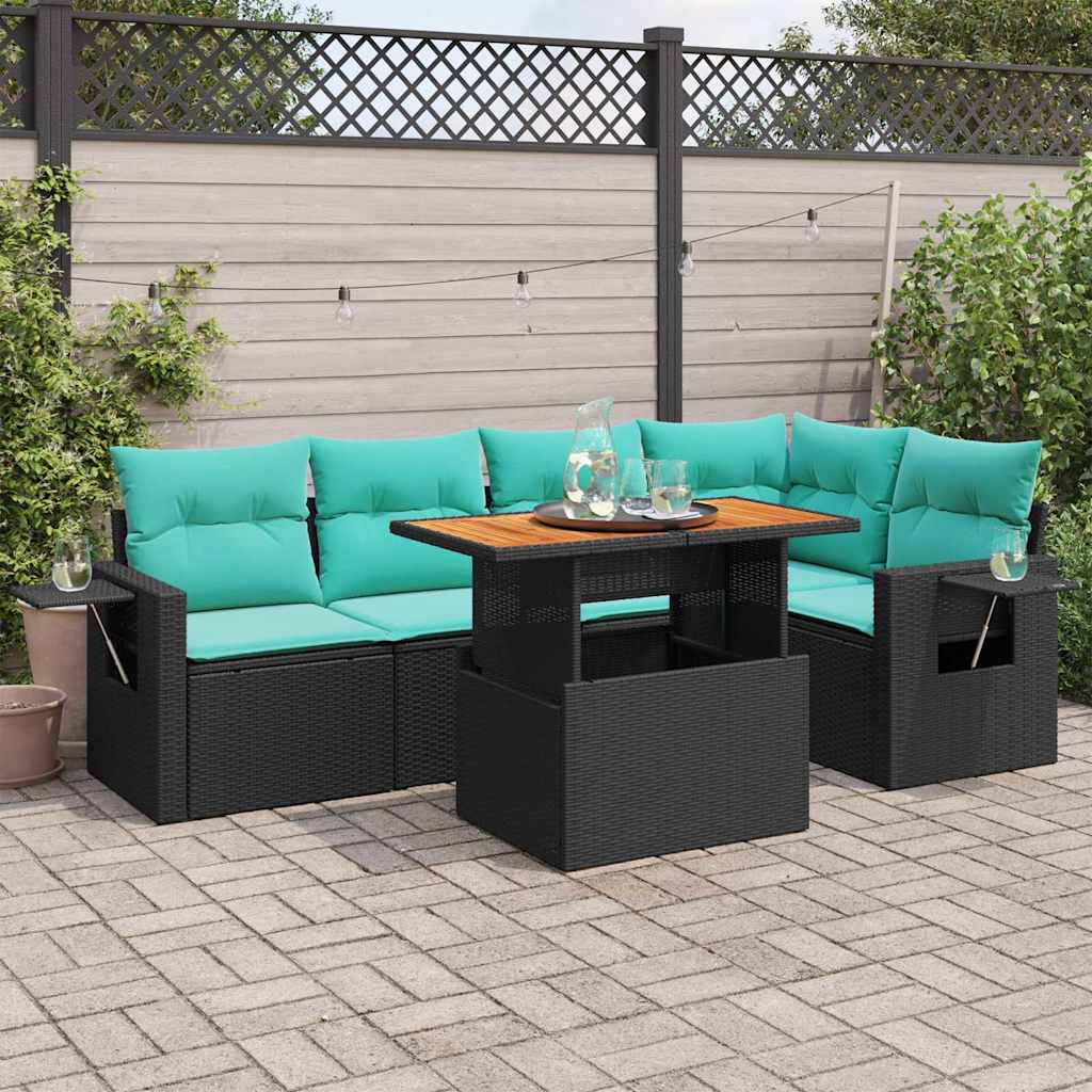 6-delige Loungeset met kussens poly rattan zwart – afbeelding 1