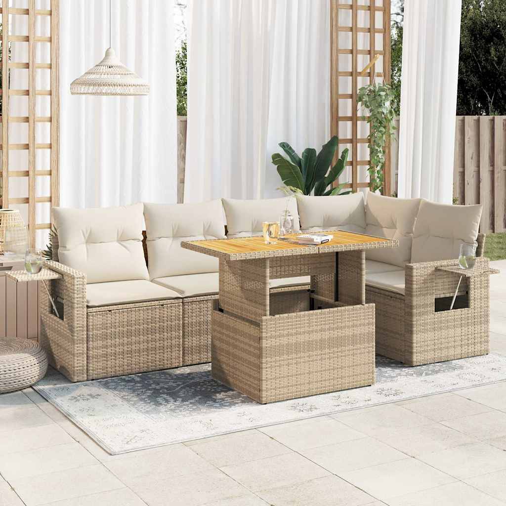 6-delige Loungeset met kussens poly rattan beige – afbeelding 1