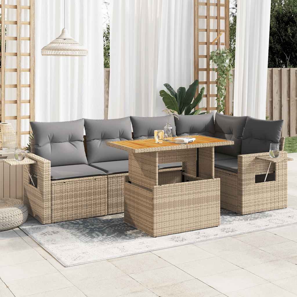 6-delige Loungeset met kussens poly rattan beige – afbeelding 1