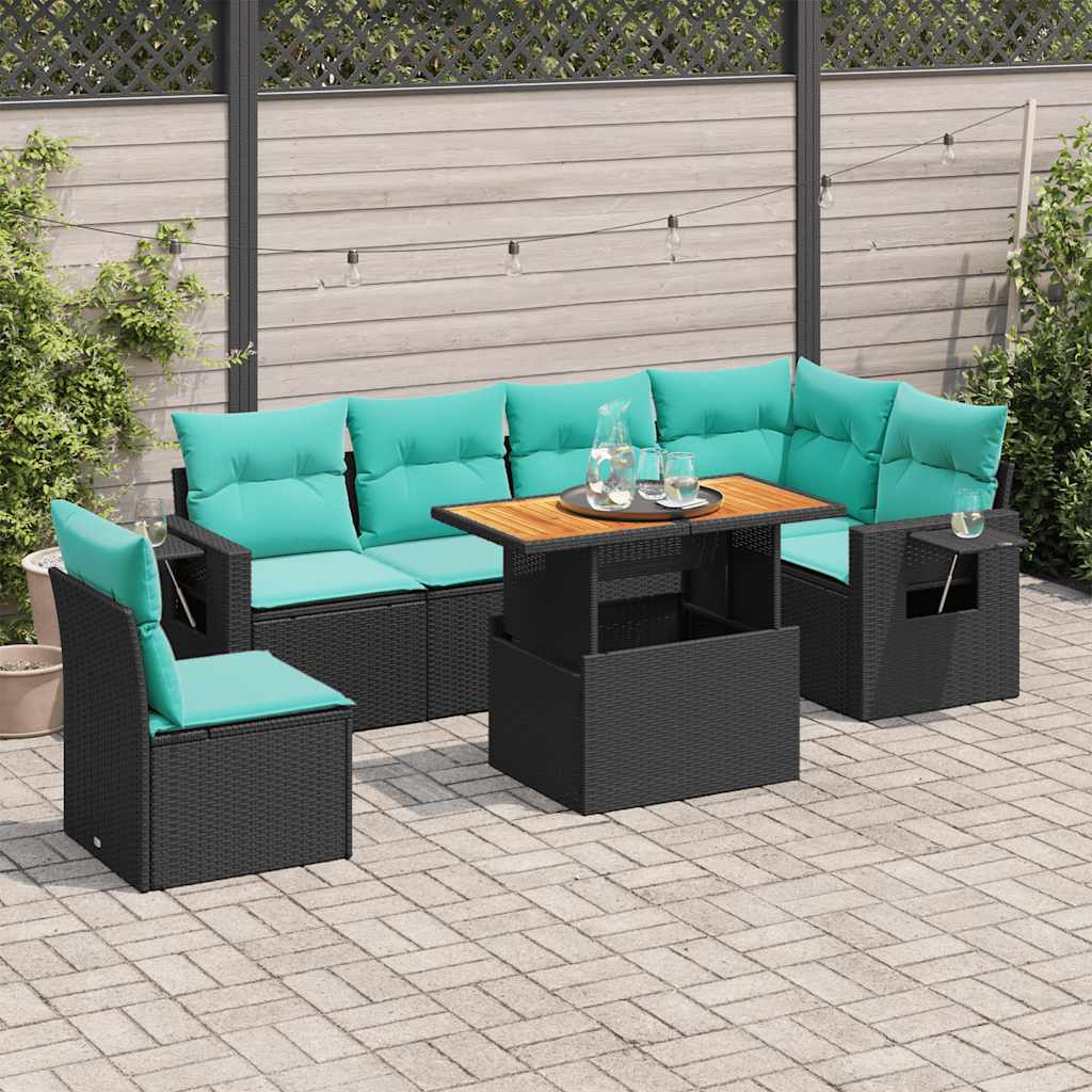 7-delige Loungeset met kussens poly rattan zwart – afbeelding 1