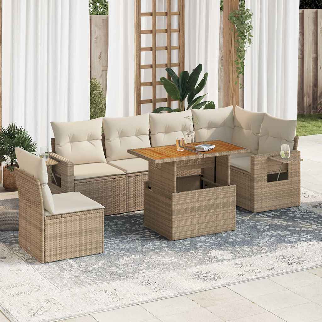 7-delige Loungeset met kussens poly rattan beige