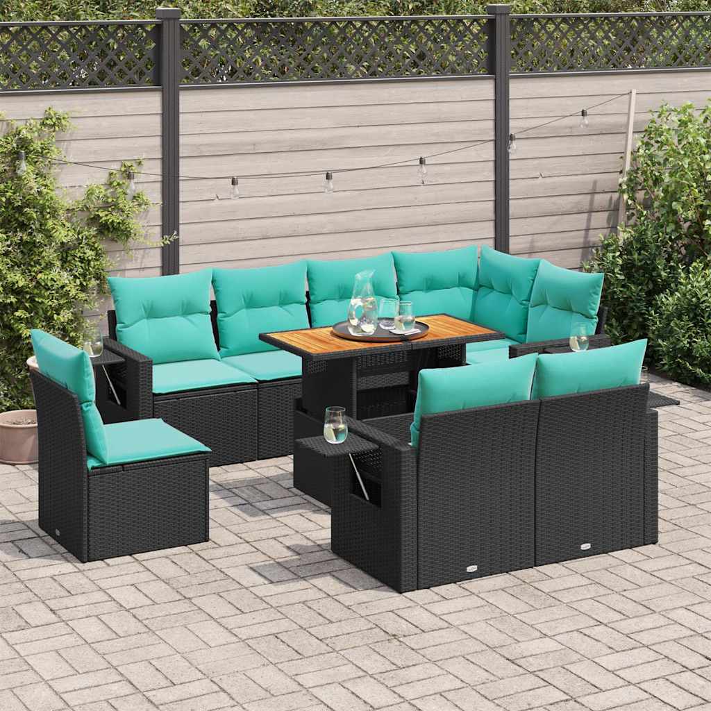 9-delige Loungeset met kussens poly rattan zwart – afbeelding 1
