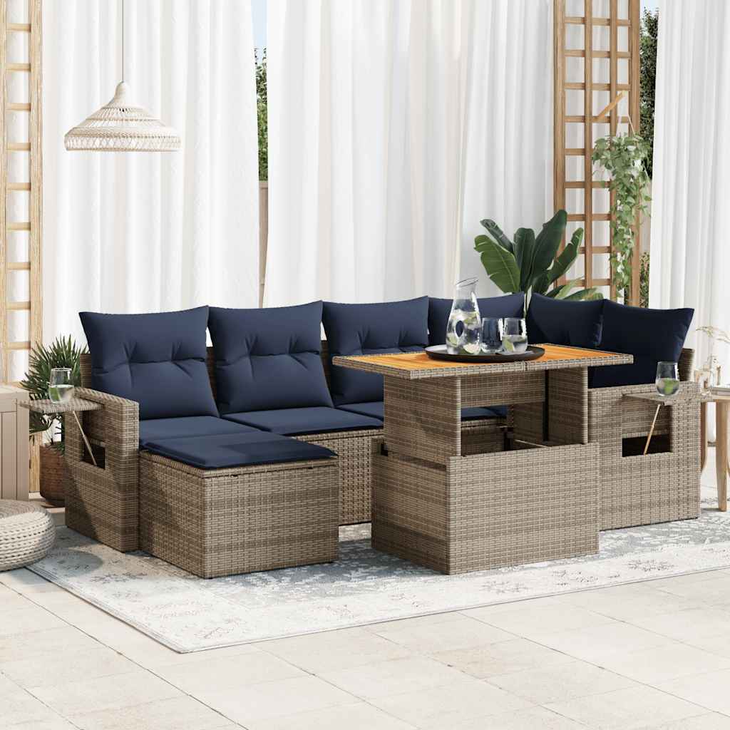 7-delige Loungeset met kussens poly rattan grijs – afbeelding 1