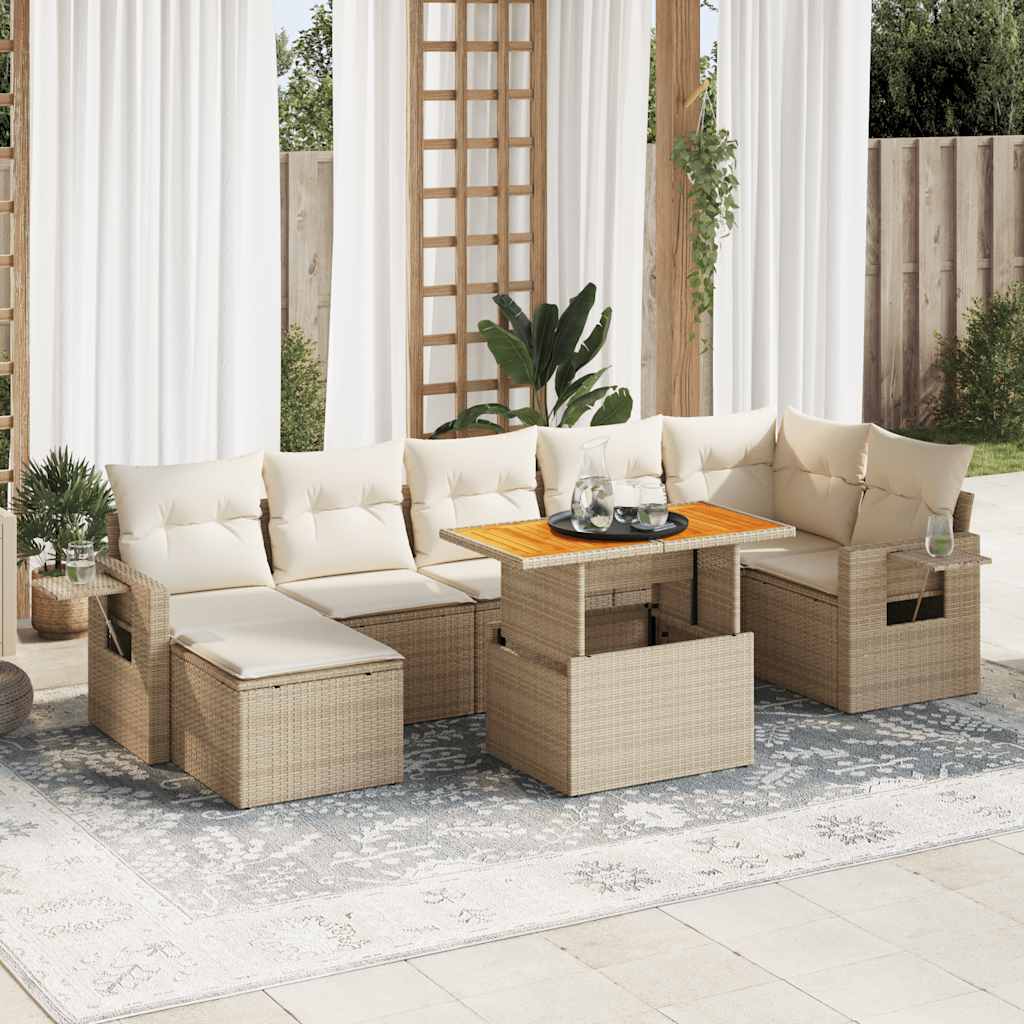 8-delige Loungeset met kussens poly rattan beige – afbeelding 1