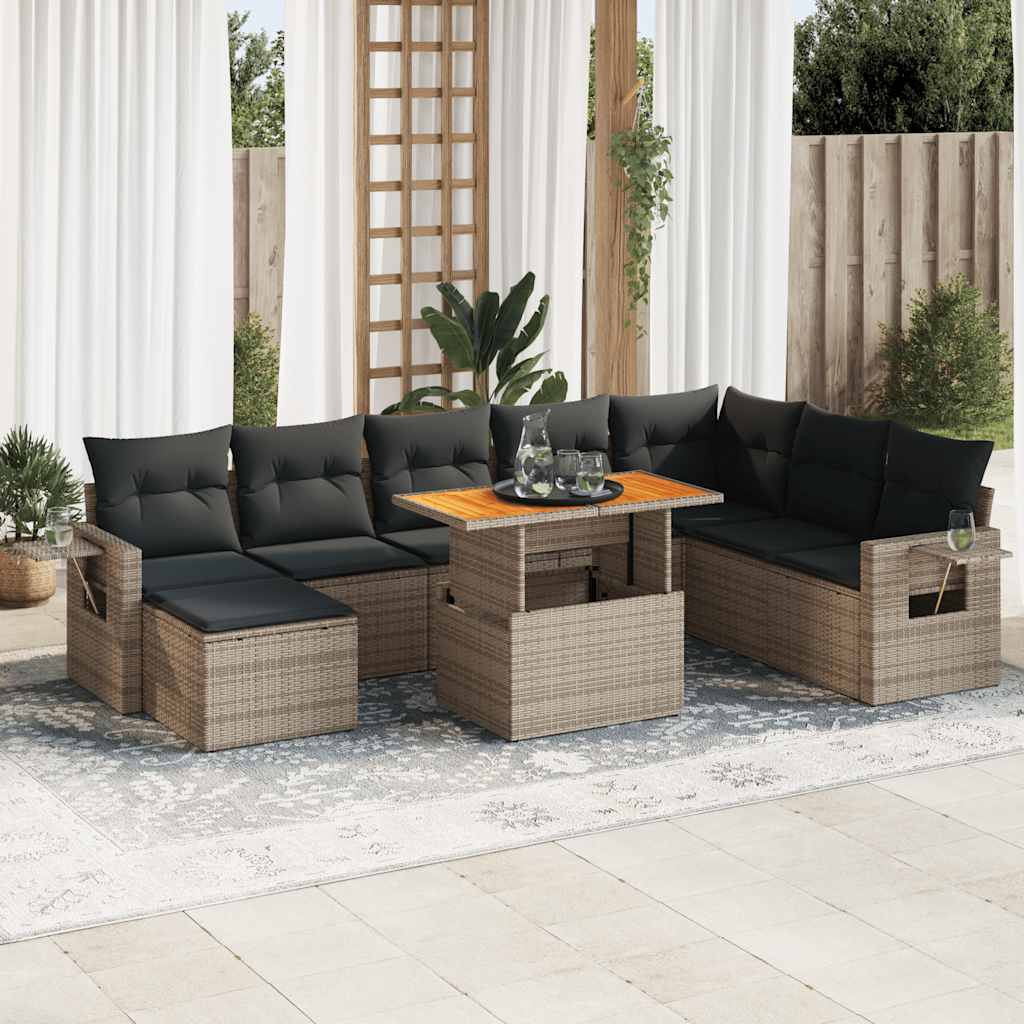 9-delige Loungeset met kussens poly rattan grijs – afbeelding 1