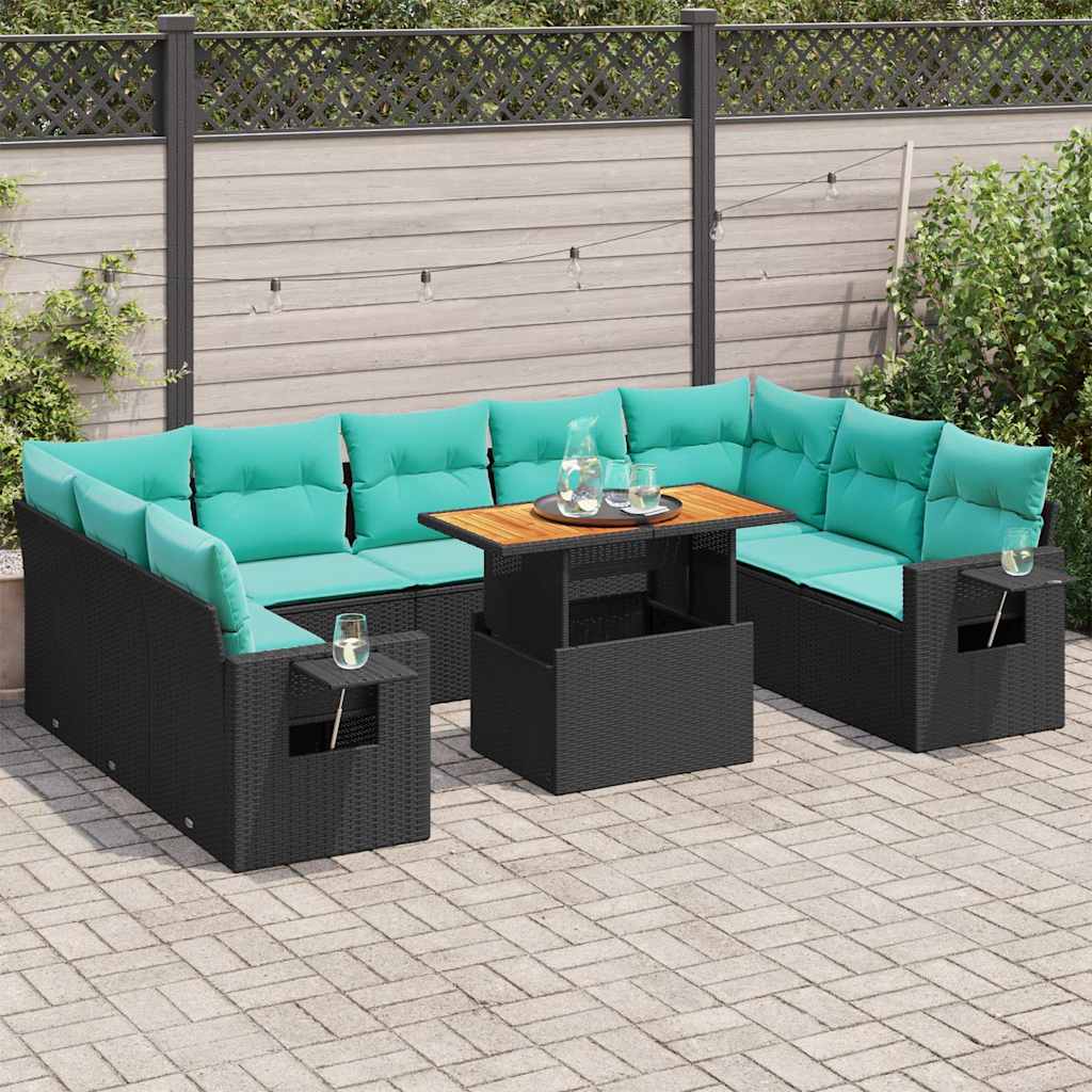 10-delige Loungeset met kussens poly rattan zwart – afbeelding 1