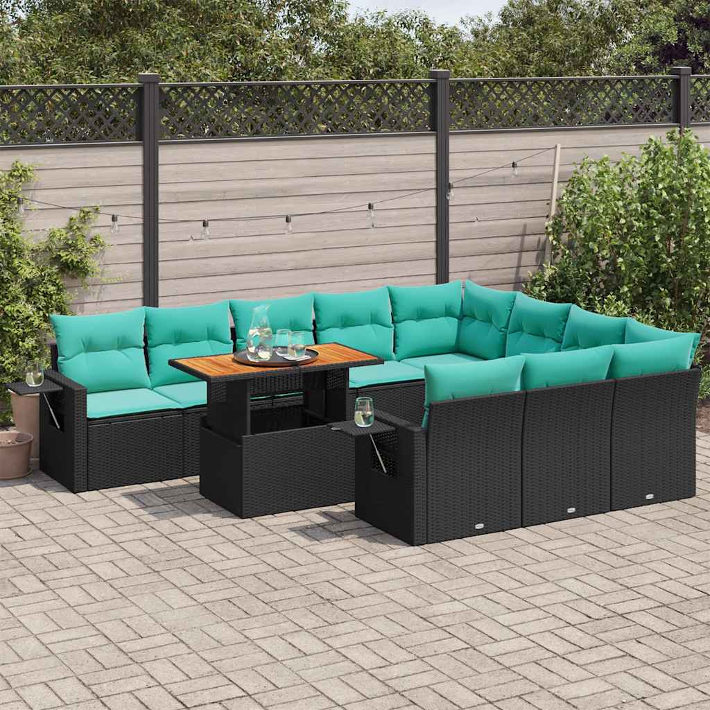 11-delige Loungeset met kussens poly rattan zwart – afbeelding 1