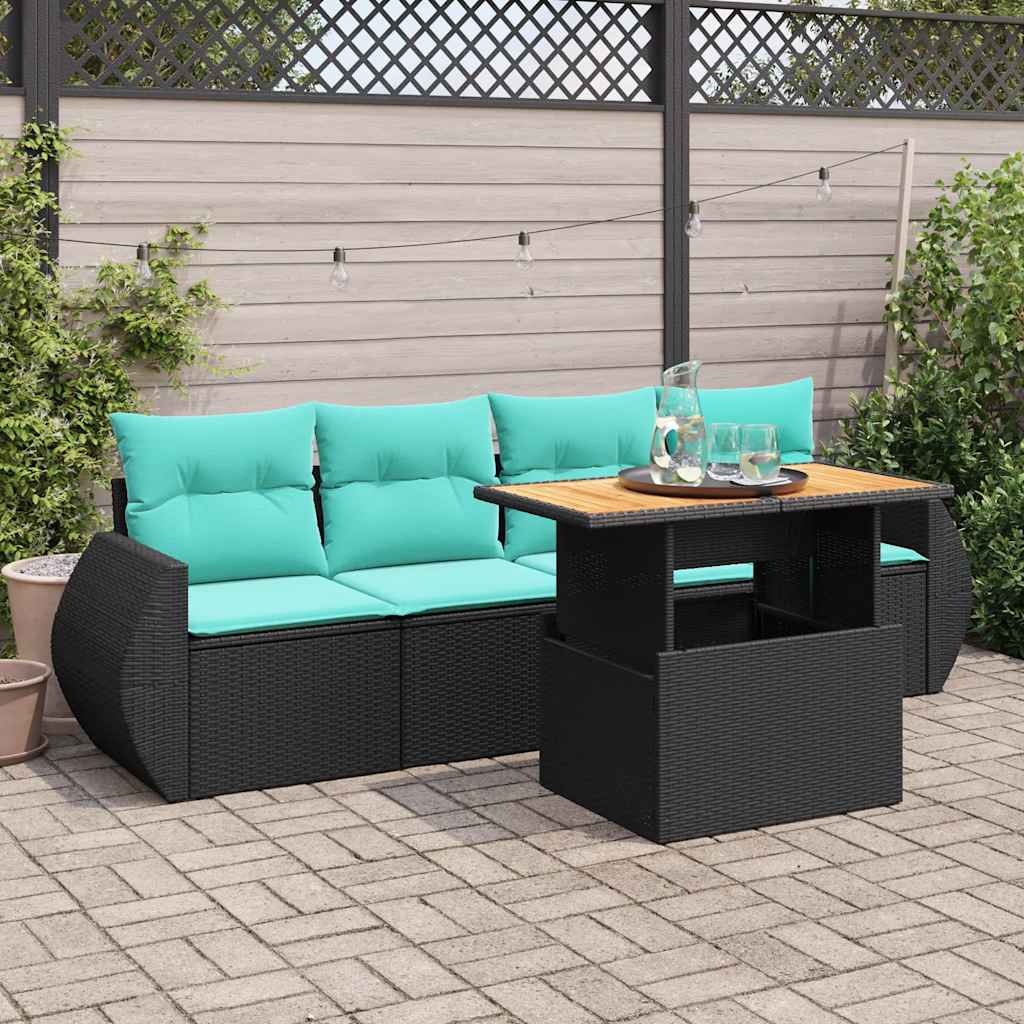 5-delige Loungeset met kussens poly rattan zwart – afbeelding 1