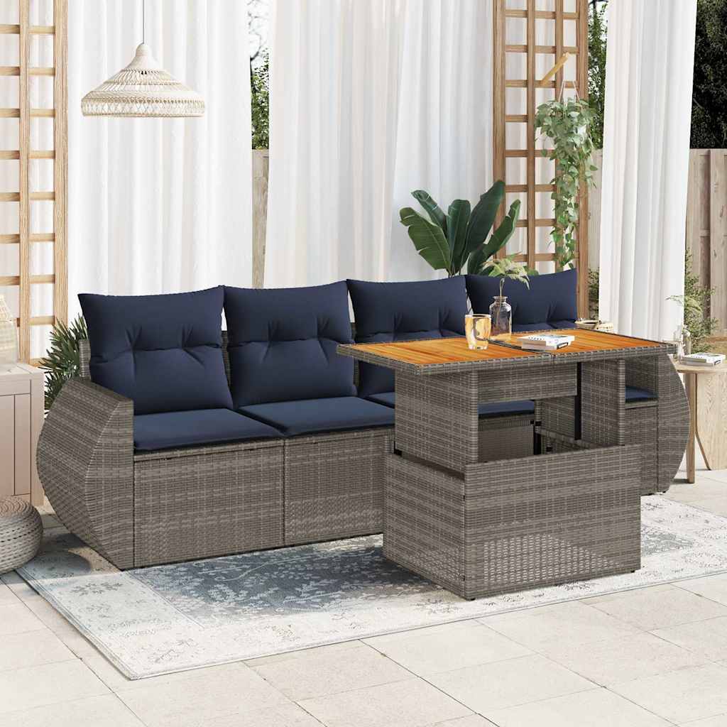 5-delige Loungeset met kussens poly rattan grijs – afbeelding 1