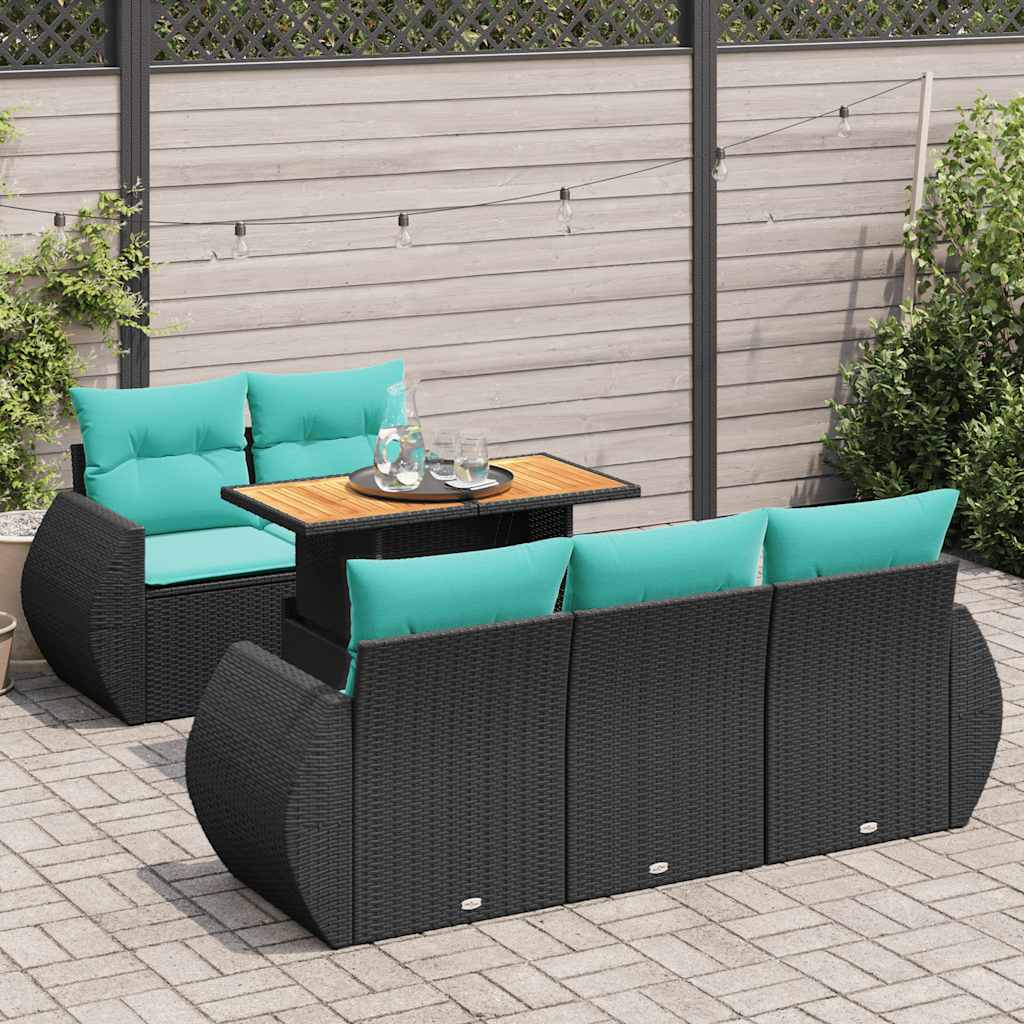 6-delige Loungeset met kussens poly rattan zwart