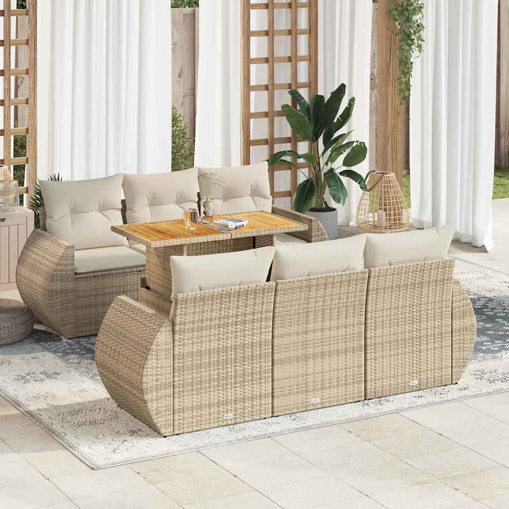 7-delige Loungeset met kussens poly rattan beige – afbeelding 1