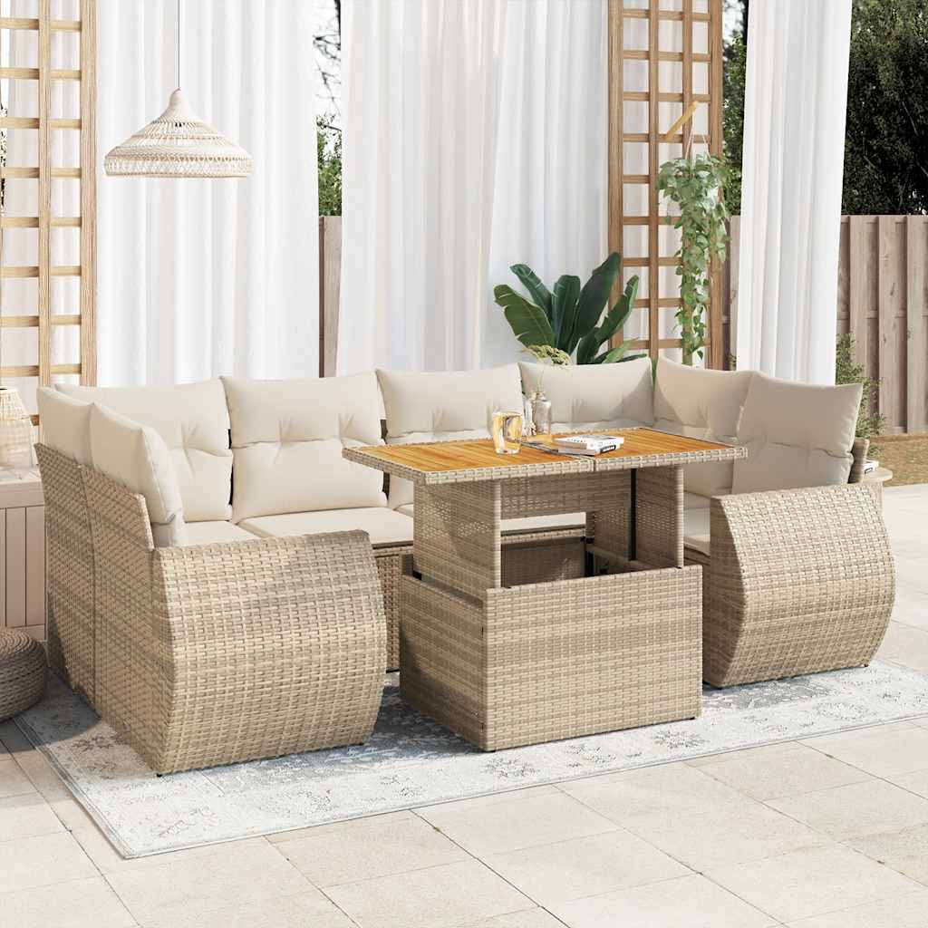 7-delige Loungeset met kussens poly rattan beige – afbeelding 1