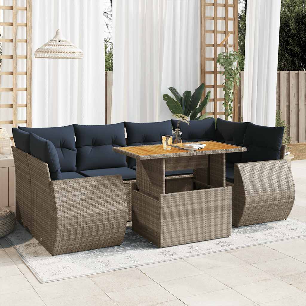 7-delige Loungeset met kussens poly rattan grijs – afbeelding 1