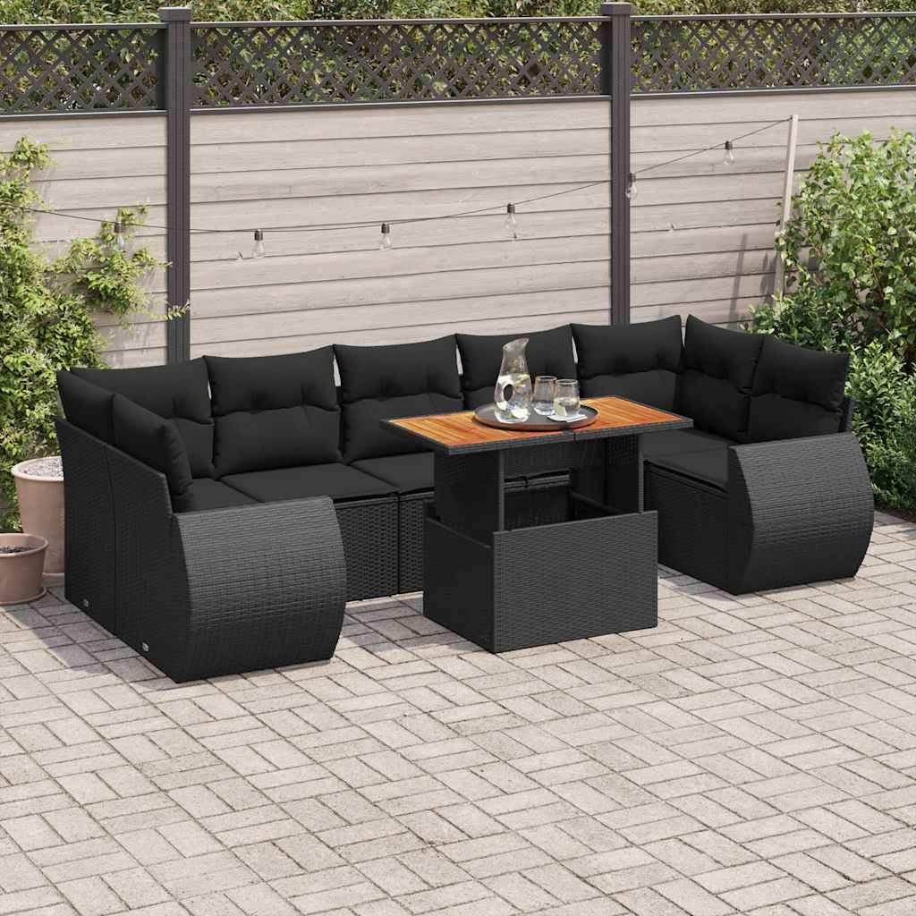 8-delige Loungeset met kussens poly rattan zwart – afbeelding 1