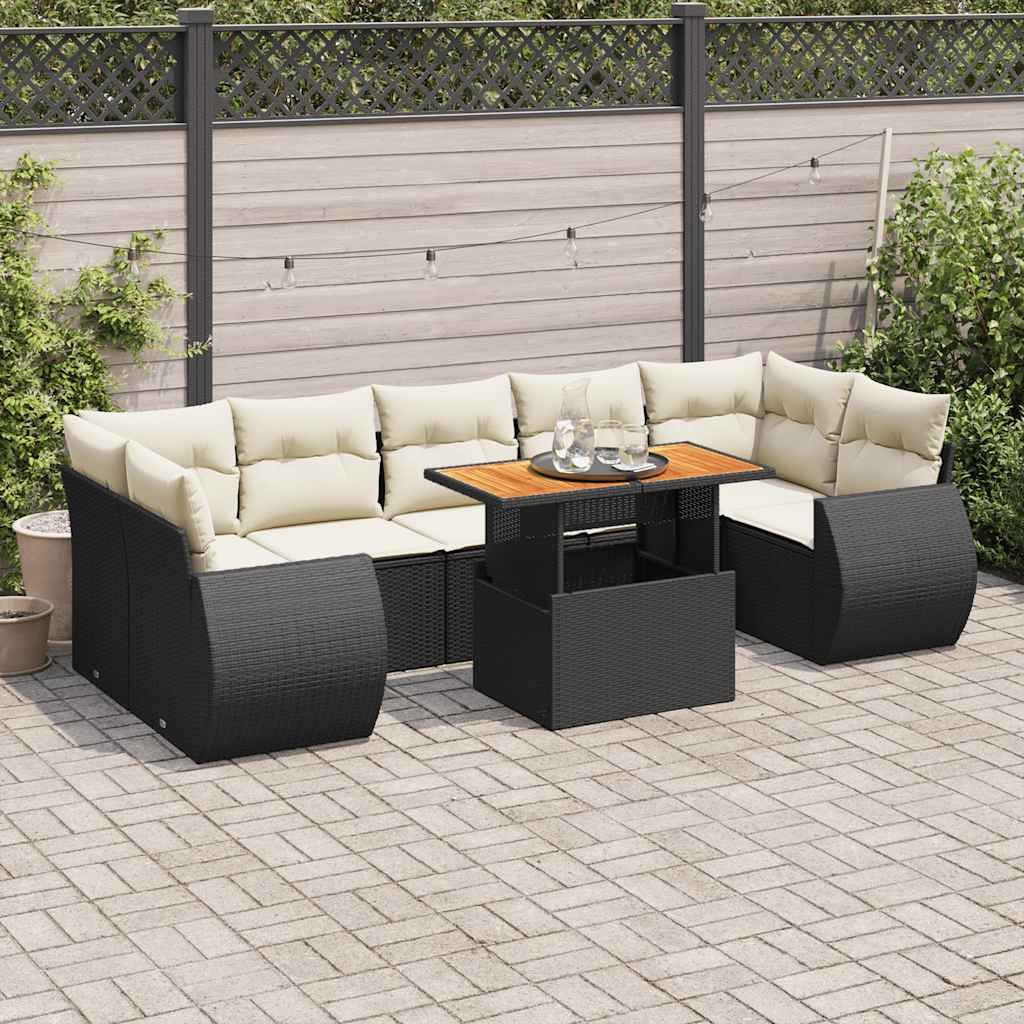 8-delige Loungeset met kussens poly rattan zwart – afbeelding 1