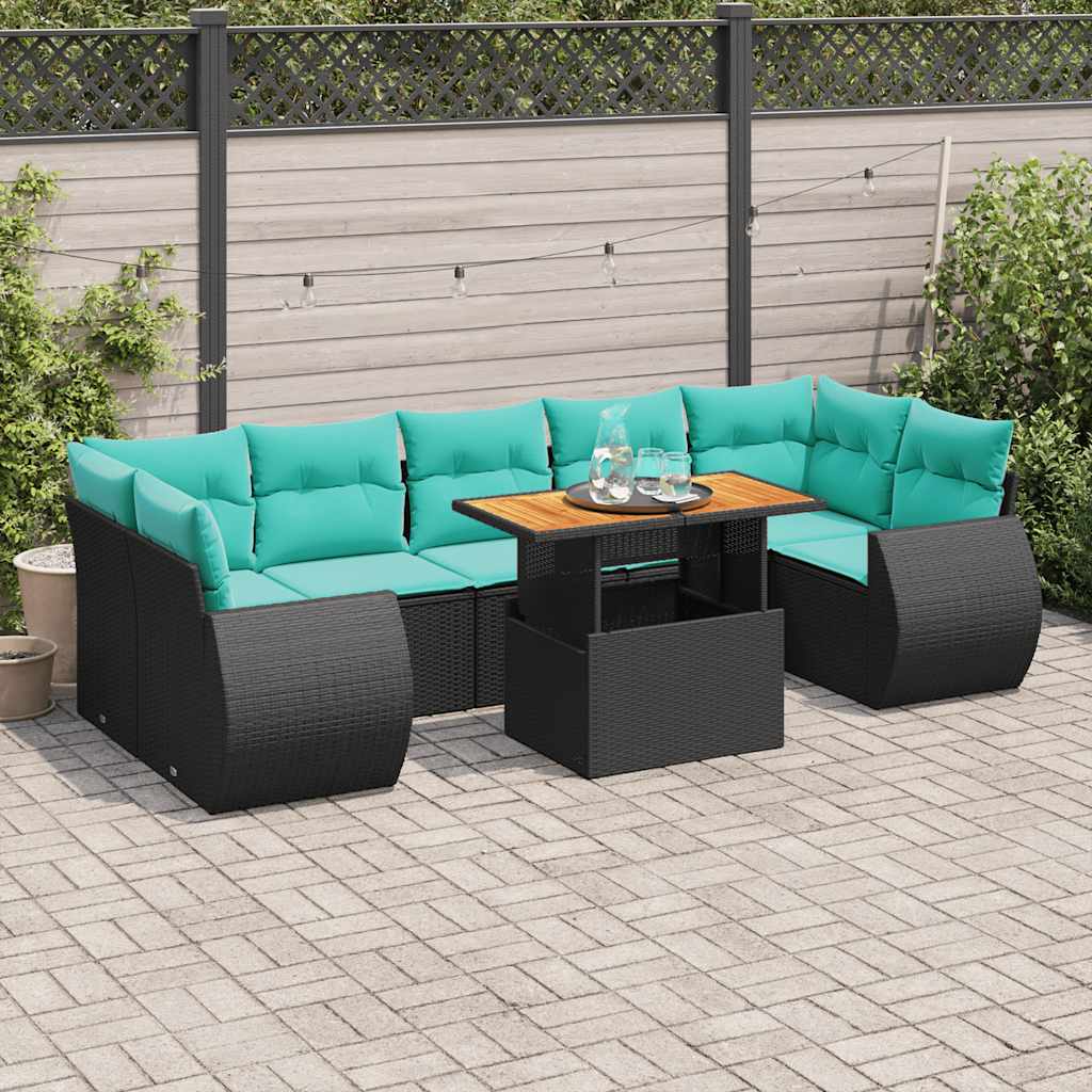 8-delige Loungeset met kussens poly rattan zwart – afbeelding 1