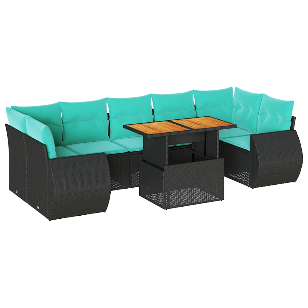 8-delige Loungeset met kussens poly rattan zwart – afbeelding 2