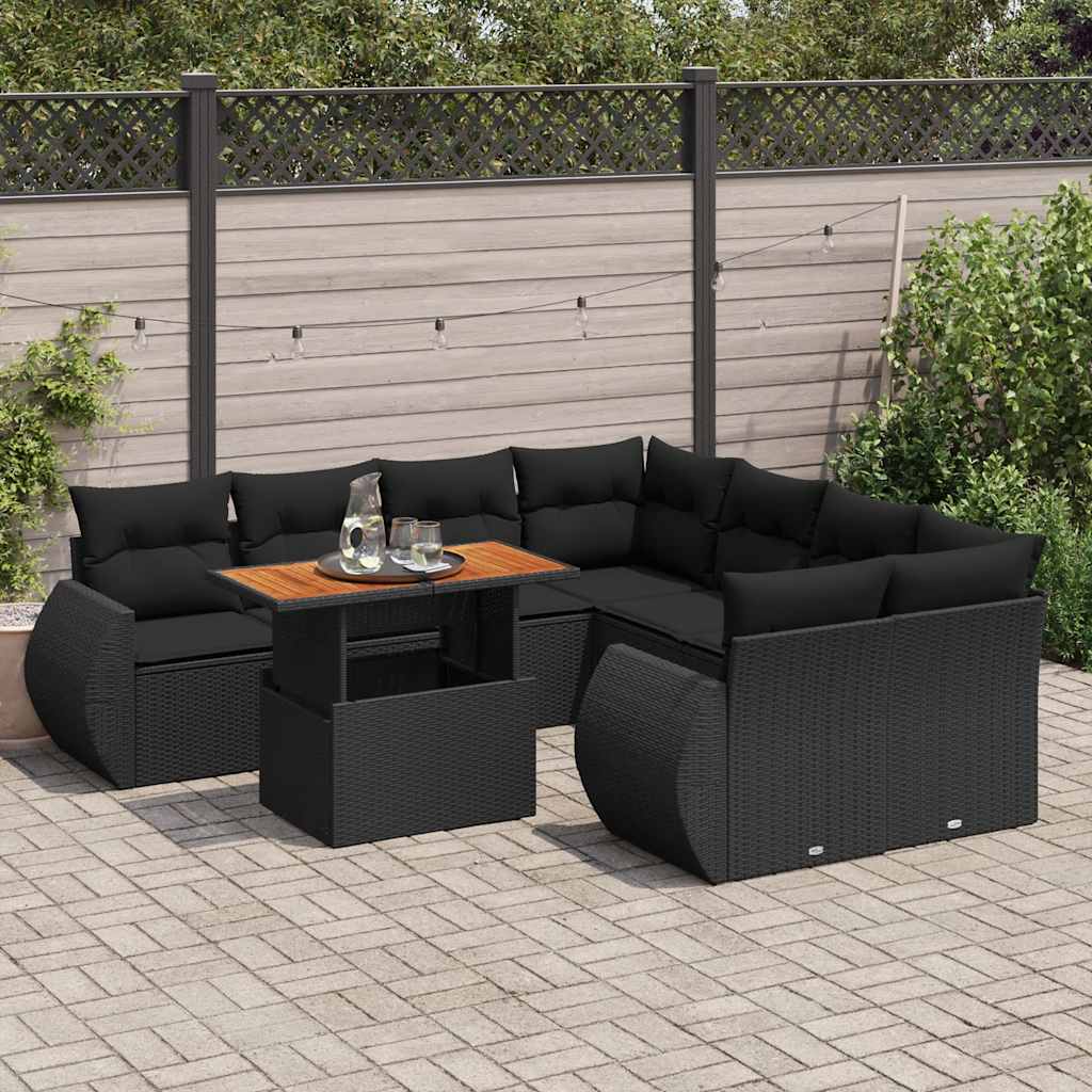 9-delige Loungeset met kussens poly rattan zwart – afbeelding 1