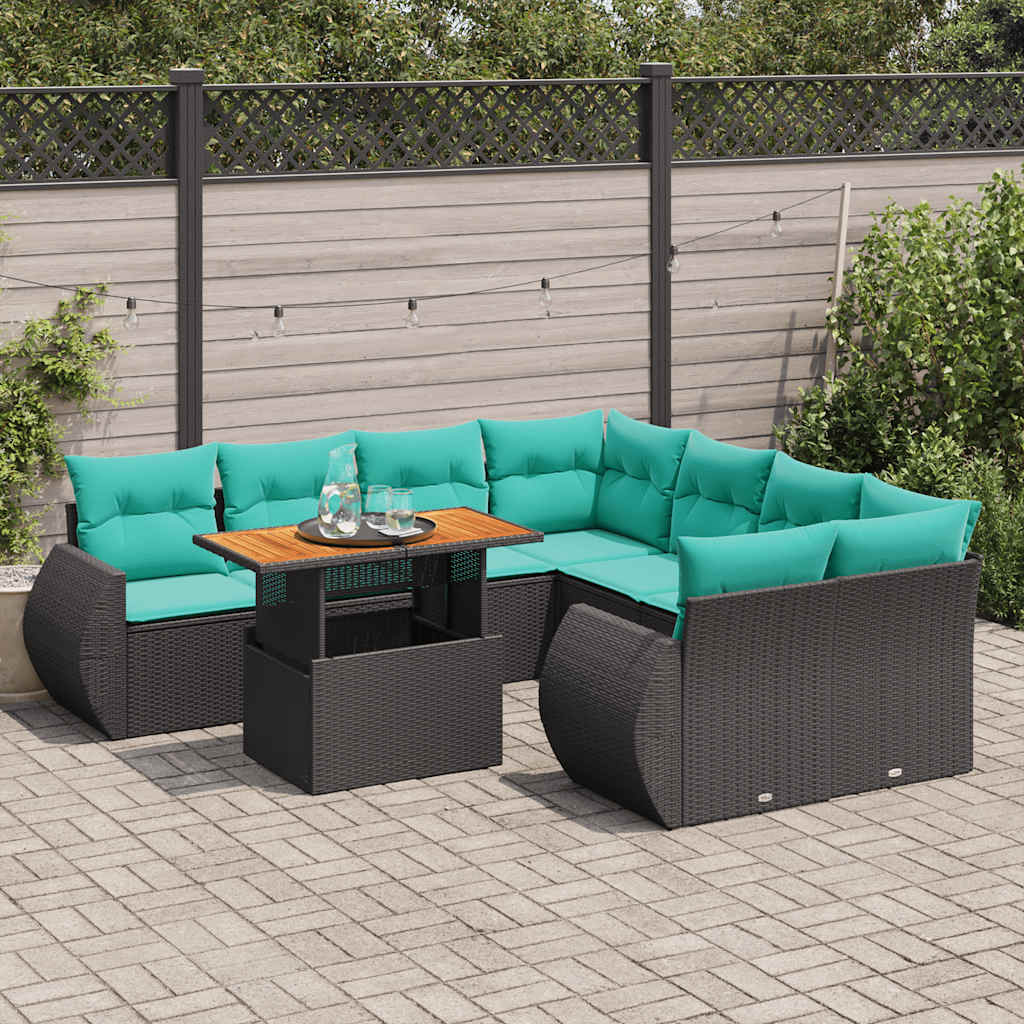 9-delige Loungeset met kussens poly rattan zwart – afbeelding 1