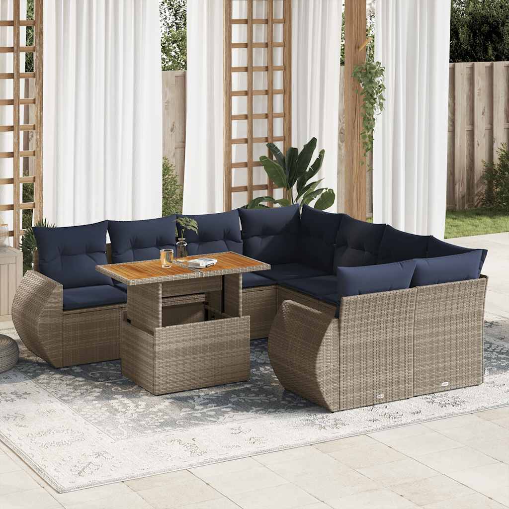 9-delige Loungeset met kussens poly rattan grijs – afbeelding 1