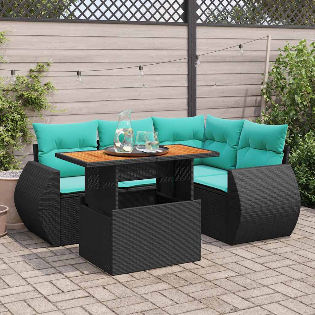 5-delige Loungeset met kussens poly rattan zwart – afbeelding 1