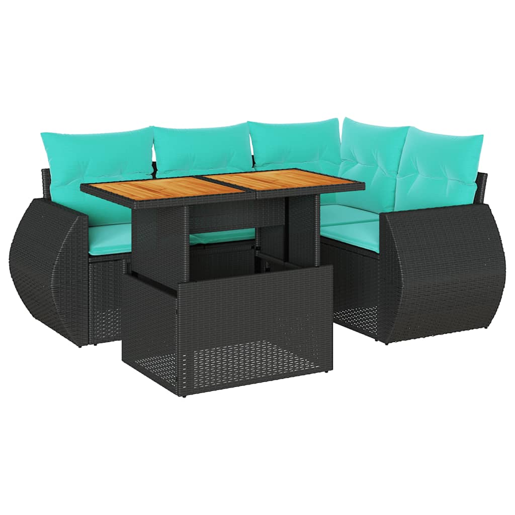 5-delige Loungeset met kussens poly rattan zwart – afbeelding 2