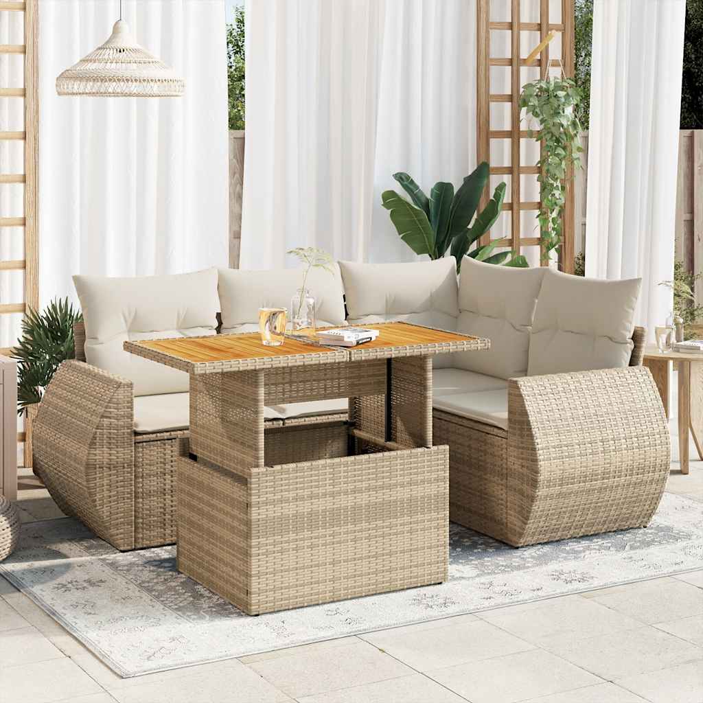 5-delige Loungeset met kussens poly rattan beige – afbeelding 1