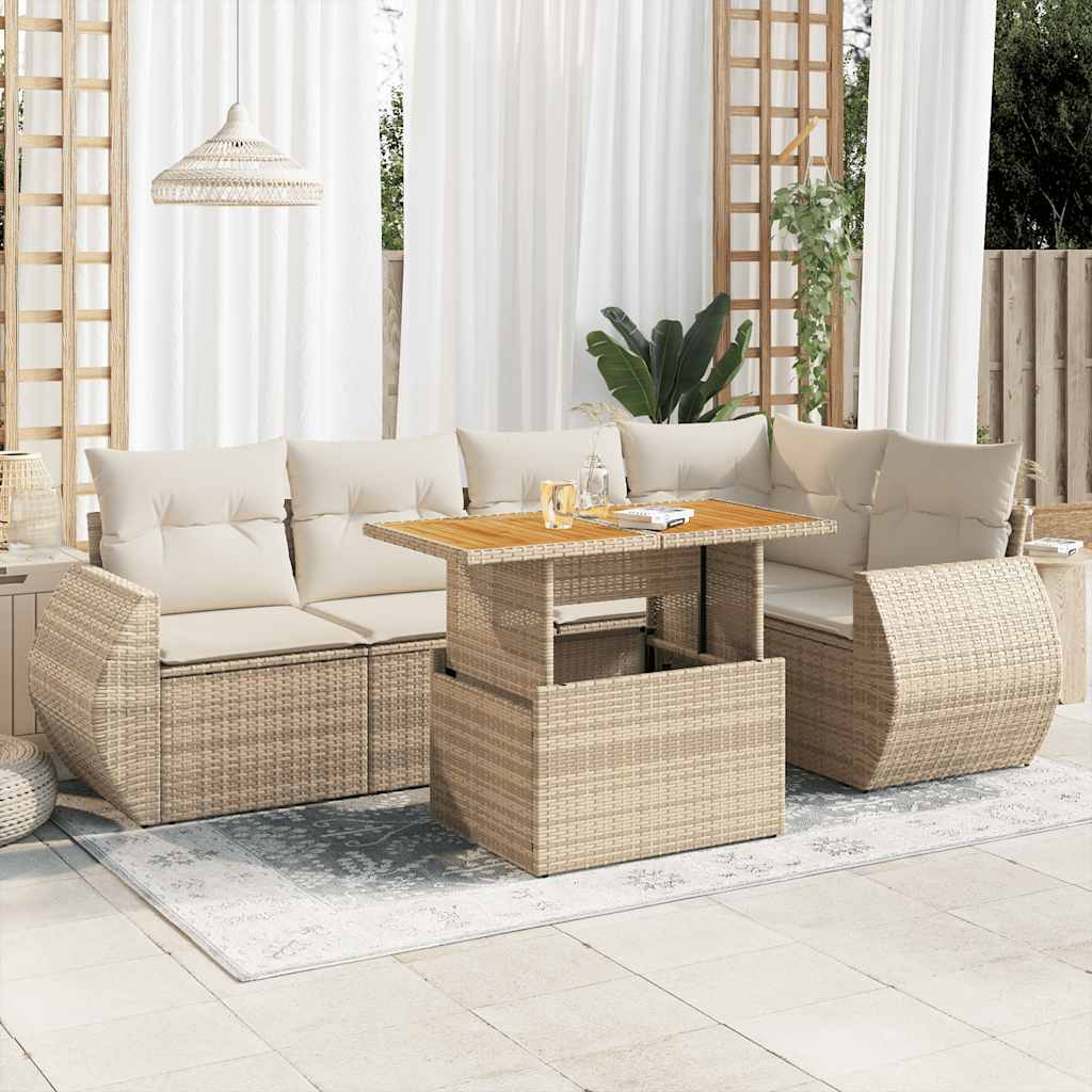 6-delige Loungeset met kussens poly rattan beige – afbeelding 1