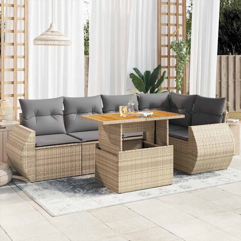 6-delige Loungeset met kussens poly rattan beige – afbeelding 1