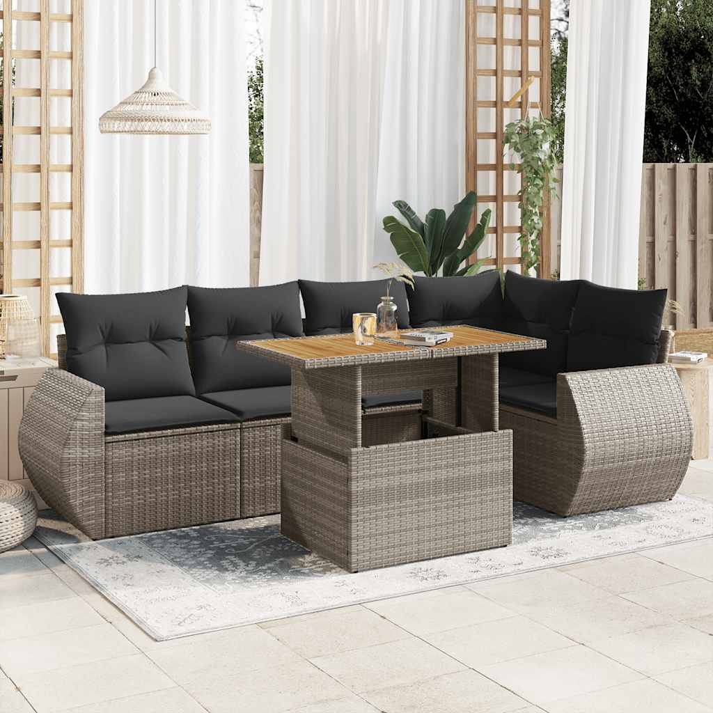 6-delige Loungeset met kussens poly rattan grijs – afbeelding 1