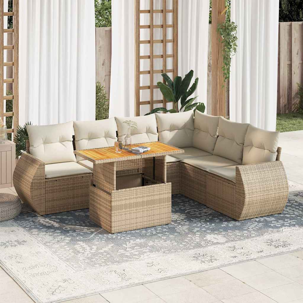 7-delige Loungeset met kussens poly rattan beige – afbeelding 1