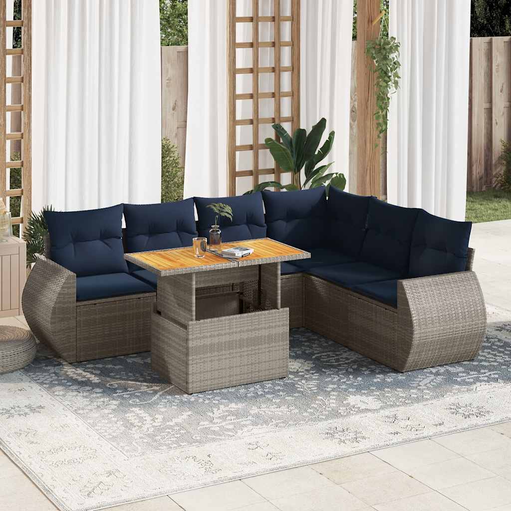 7-delige Loungeset met kussens poly rattan grijs – afbeelding 1