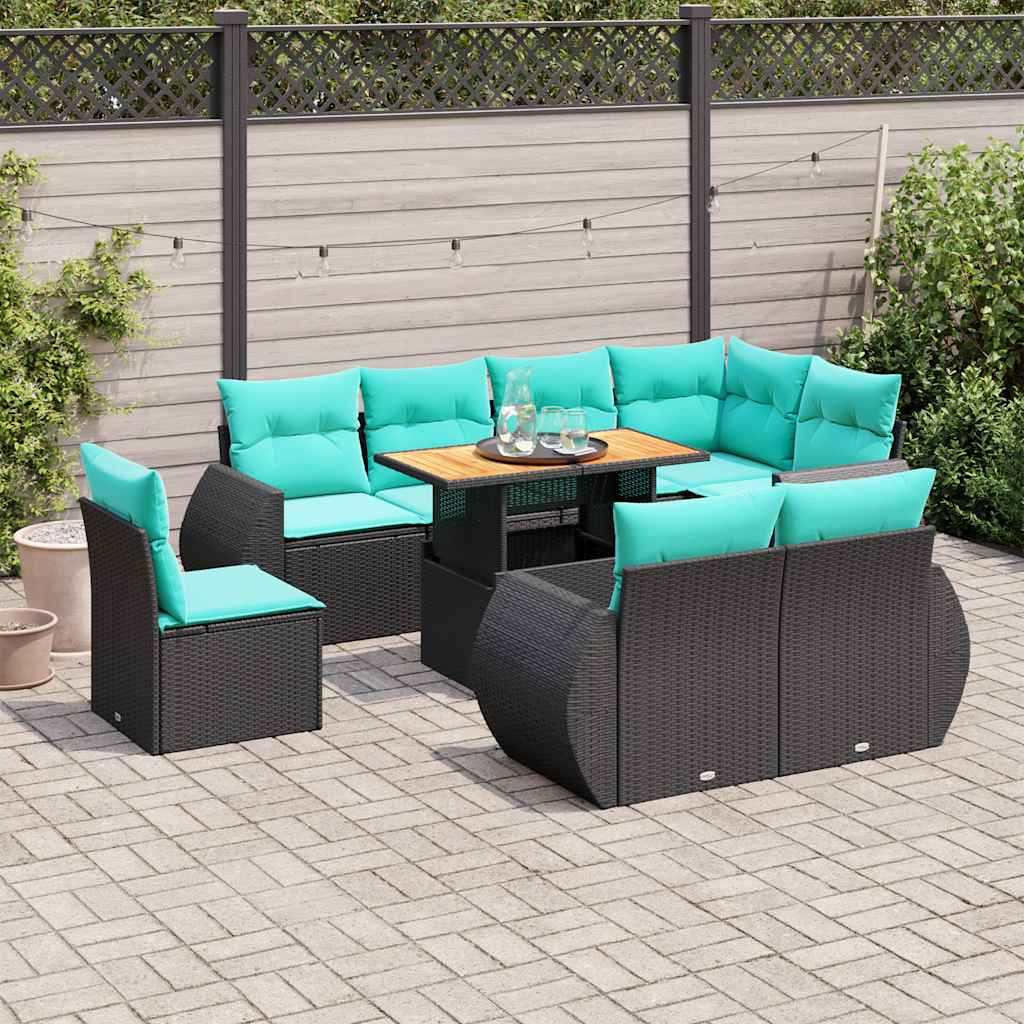 9-delige Loungeset met kussens poly rattan zwart – afbeelding 1
