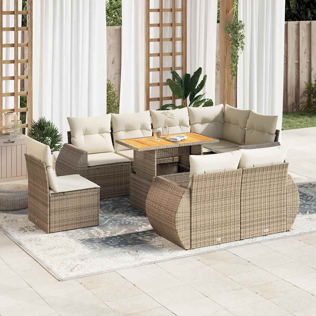 9-delige Loungeset met kussens poly rattan beige – afbeelding 1