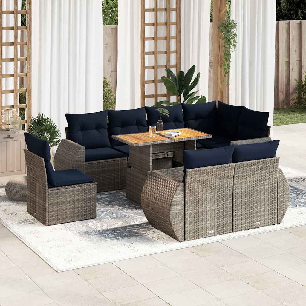 9-delige Loungeset met kussens poly rattan grijs – afbeelding 1