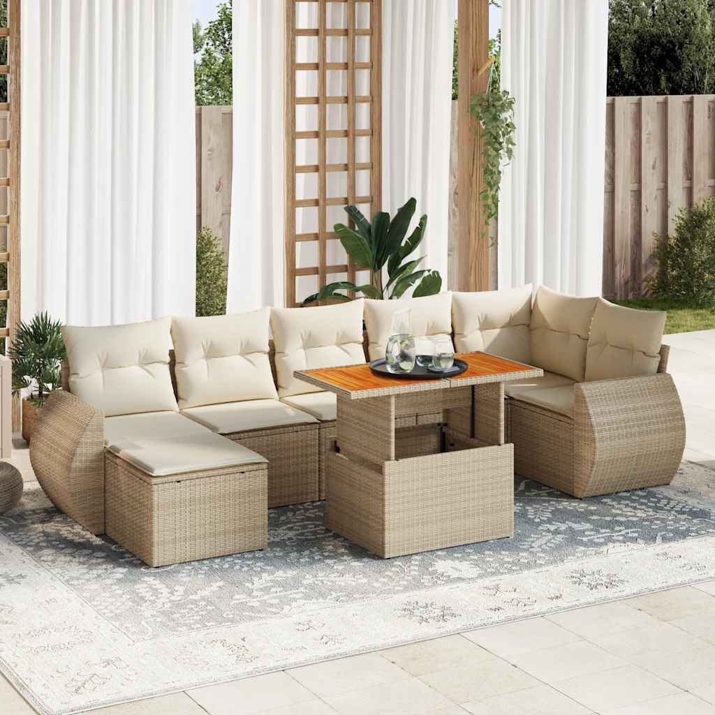 8-delige Loungeset met kussens poly rattan beige – afbeelding 1