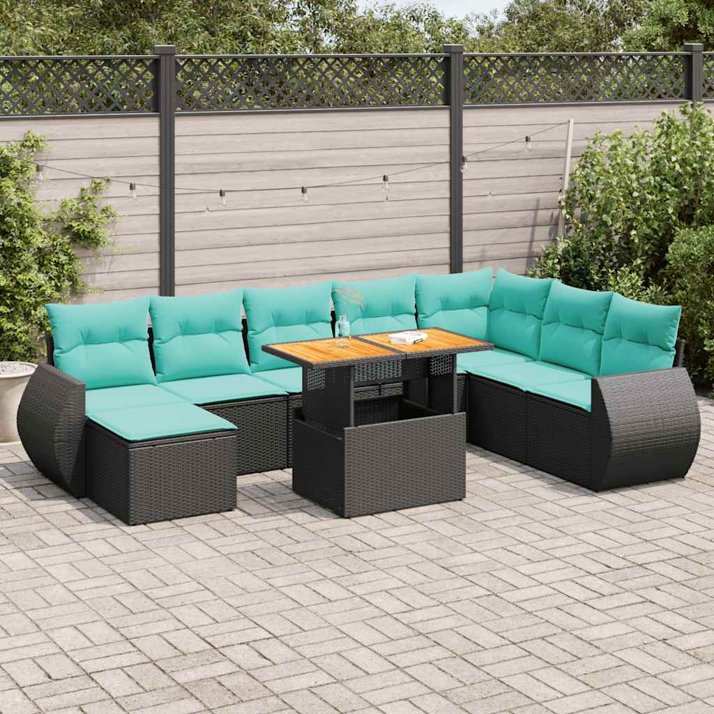 9-delige Loungeset met kussens poly rattan zwart – afbeelding 1