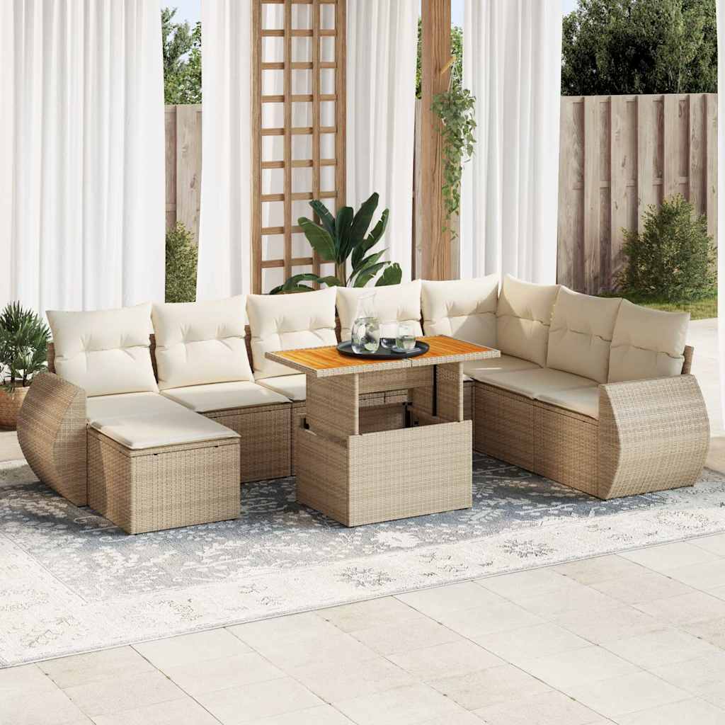 9-delige Loungeset met kussens poly rattan beige – afbeelding 1