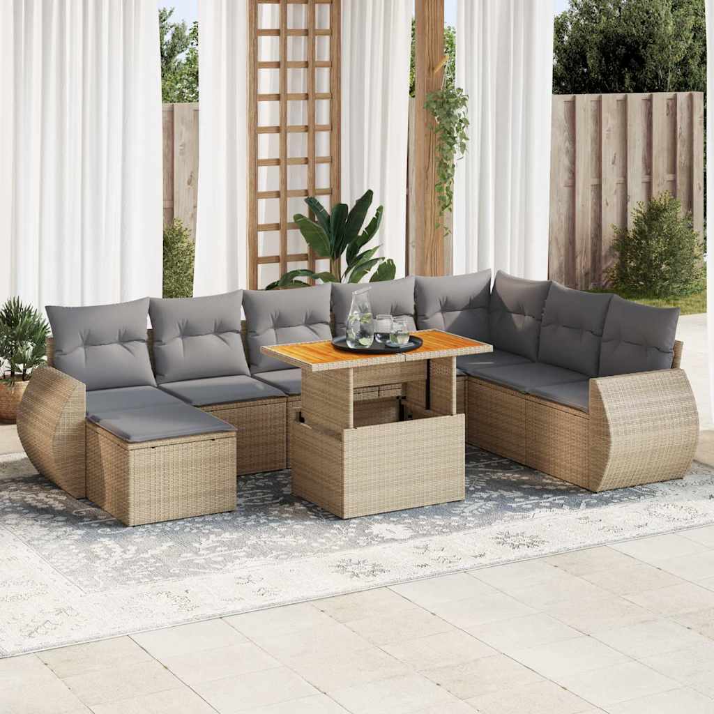 9-delige Loungeset met kussens poly rattan beige – afbeelding 1