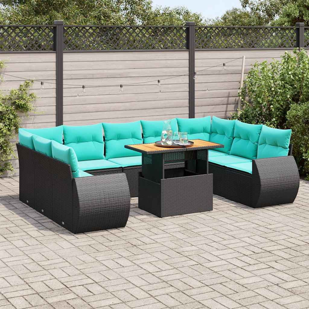 10-delige Loungeset met kussens poly rattan zwart – afbeelding 1