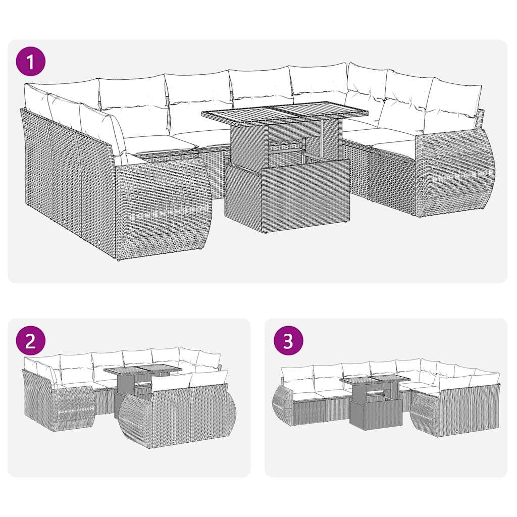 10-delige Loungeset met kussens poly rattan zwart – afbeelding 11