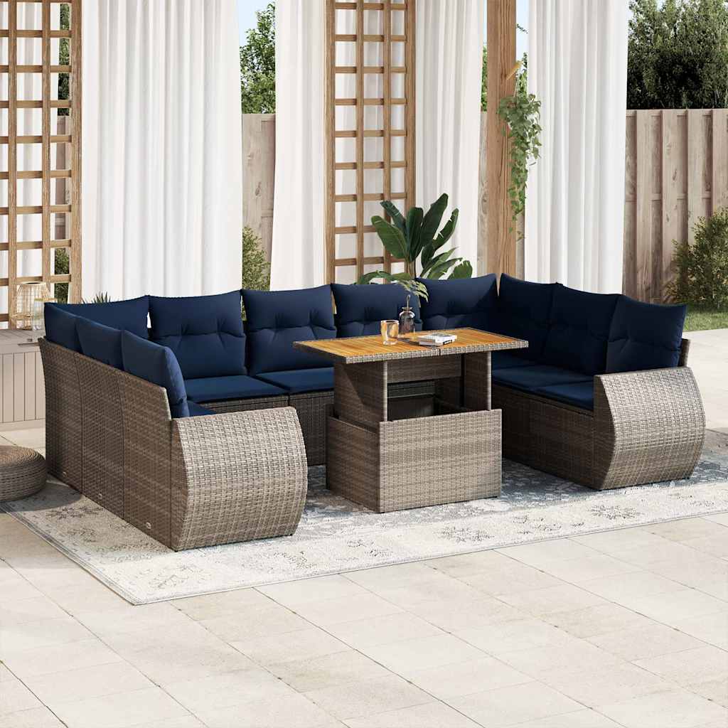 10-delige Loungeset met kussens poly rattan grijs – afbeelding 1