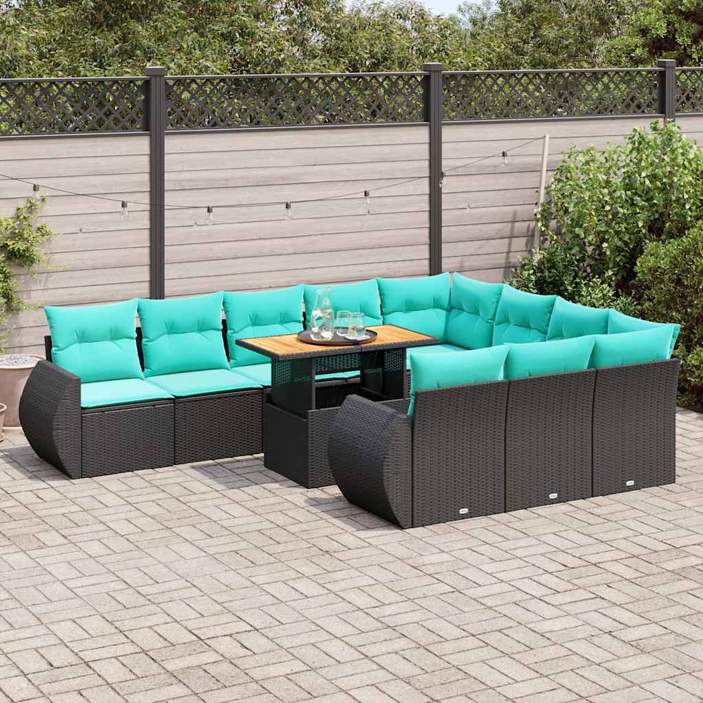 11-delige Loungeset met kussens poly rattan zwart – afbeelding 1