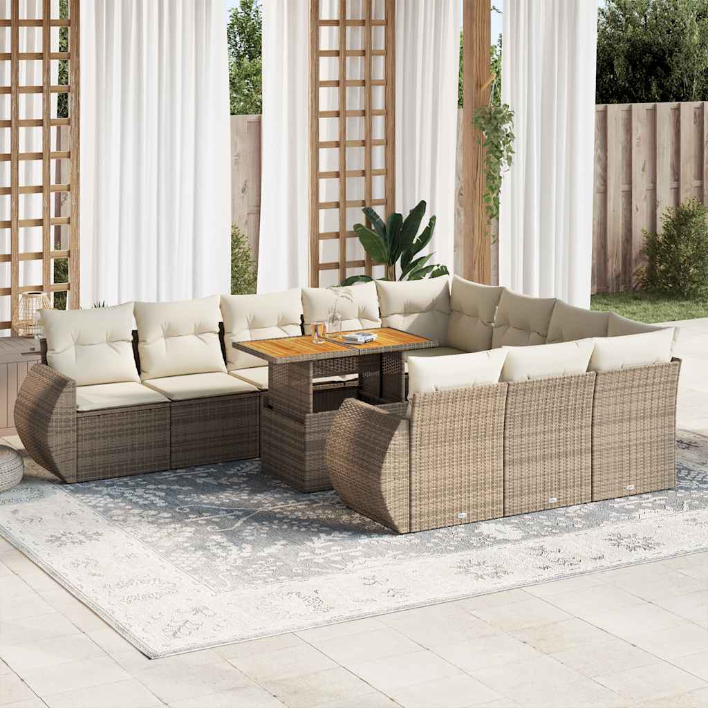 11-delige Tuinset met kussens poly rattan beige – afbeelding 1