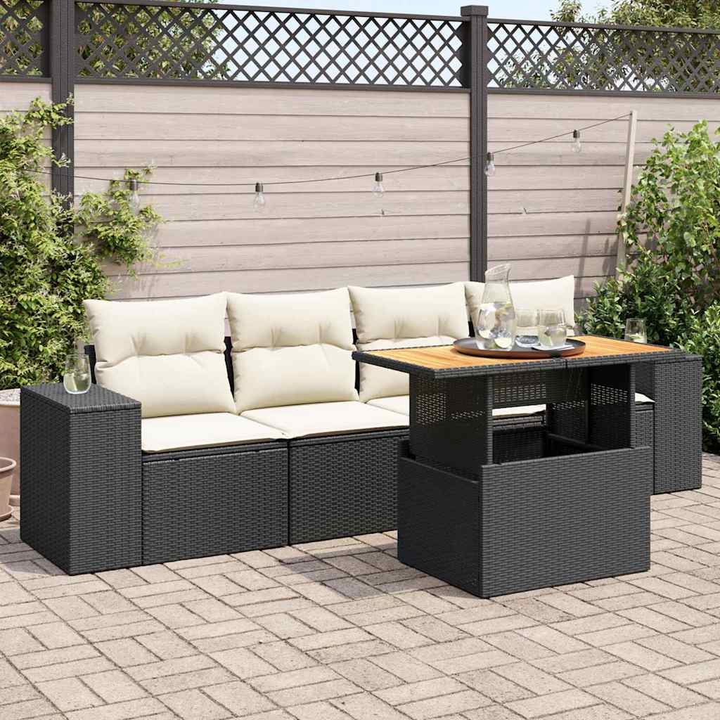 5-delige Loungeset met kussens poly rattan zwart – afbeelding 1