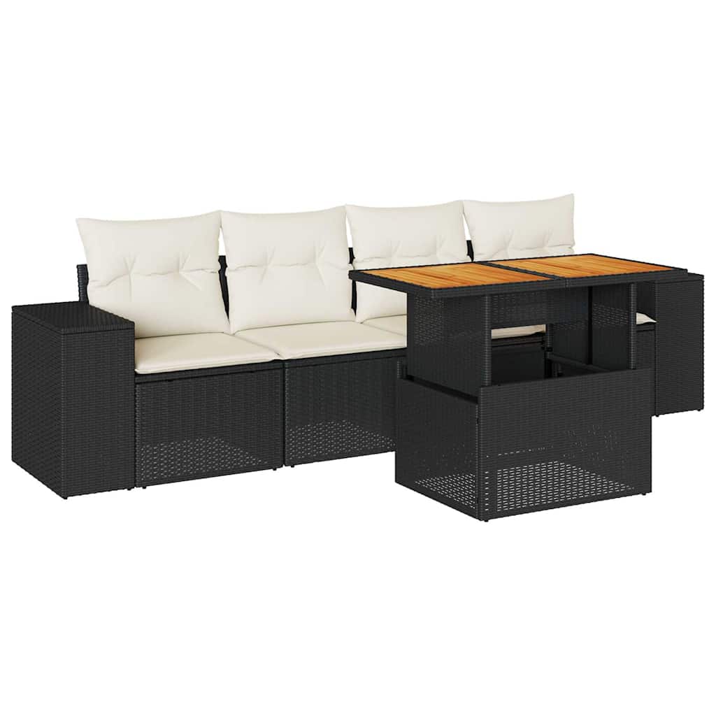 5-delige Loungeset met kussens poly rattan zwart – afbeelding 2