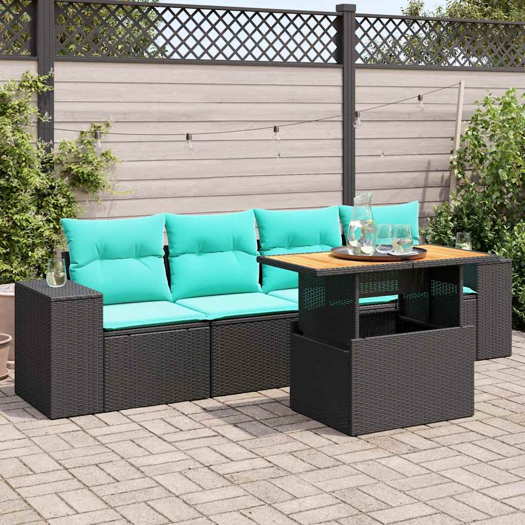 5-delige Loungeset met kussens poly rattan zwart – afbeelding 1